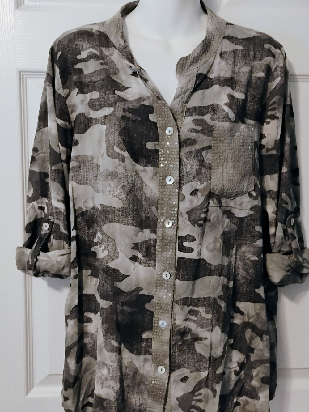 Tempo Paris Camo Button-Up Blouse - Olive, Grey Black With Sequin Trim